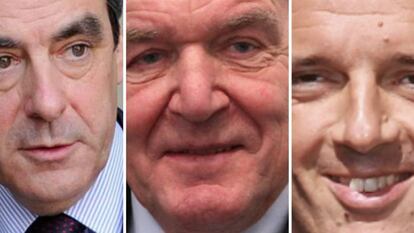 Los ex primeros ministros de Francia (François Fillon), Alemania (Gerhard Schröder) e Italia (Matteo Renzi).