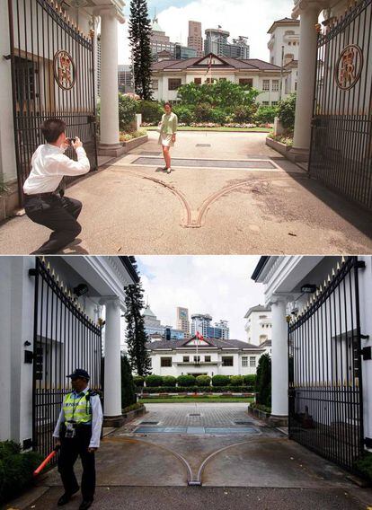 Arriba: una mujer es fotografiada en la entrada principal de la residencia del que fuera gobernador de Hong Kong, Chris Patten, el 25 de junio de 1997; abajo: un policía permanece vigilando la entrada de la residencia del jefe del ejecutivo de Hong Kong Leung Chun-ying, el 26 de junio de 2017.