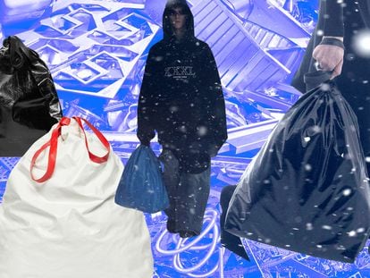 Distintas imágenes de la Trash Bag de Balenciaga, un bolso de piel que imita la forma de una bolsa de basura.