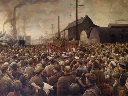 &#039;Lenin habla a los trabajadores de la f&aacute;brica Putilov en Petrogrado en 1917&#039;, obra de Isaak Brodsky.