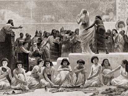 Imagen que representa la venta de mujeres esclavas en la antigua Mesopotamia.
