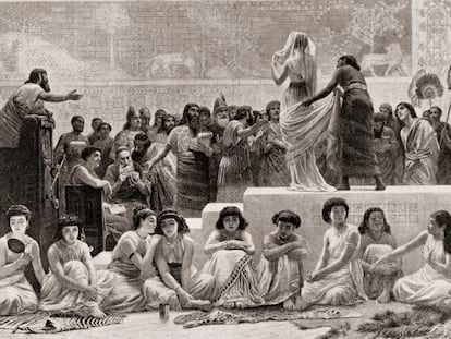 Imagen que representa la venta de mujeres esclavas en la antigua Mesopotamia.