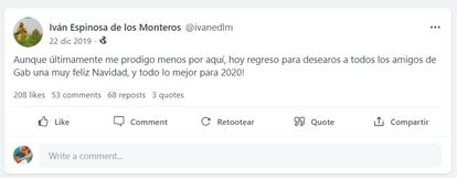 La última publicación en Gab de Iván Espinosa de los Monteros, portavoz de Vox en el Congreso, es de diciembre de 2019