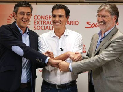 Debate de candidatos a la Secretaria del PSOE en 2014. De izq a dcha., Eduardo Madina, Pedro Sanchez y José Antonio Pérez Tapias.