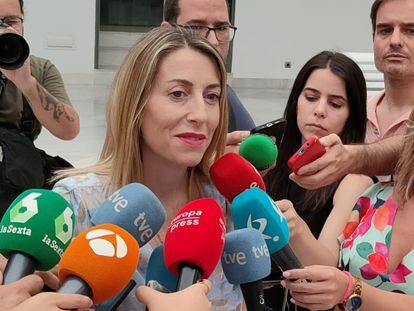 María Guardiola, durante su comparecencia ante los medios, este martes en Mérida.