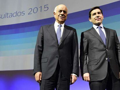 Francisco Gonz&aacute;lez y Carlos Torres, presidente y consejero delegado de BBVA, el pasado mi&eacute;rcoles en Madrid.