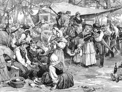 Representación de 1875 de una feria en Galicia.