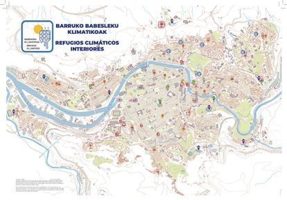 Mapa de la red de refugios climáticos interiores de Bilbao.