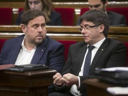 Junqueras i Puigdemont aquest dimecres al Parlament.