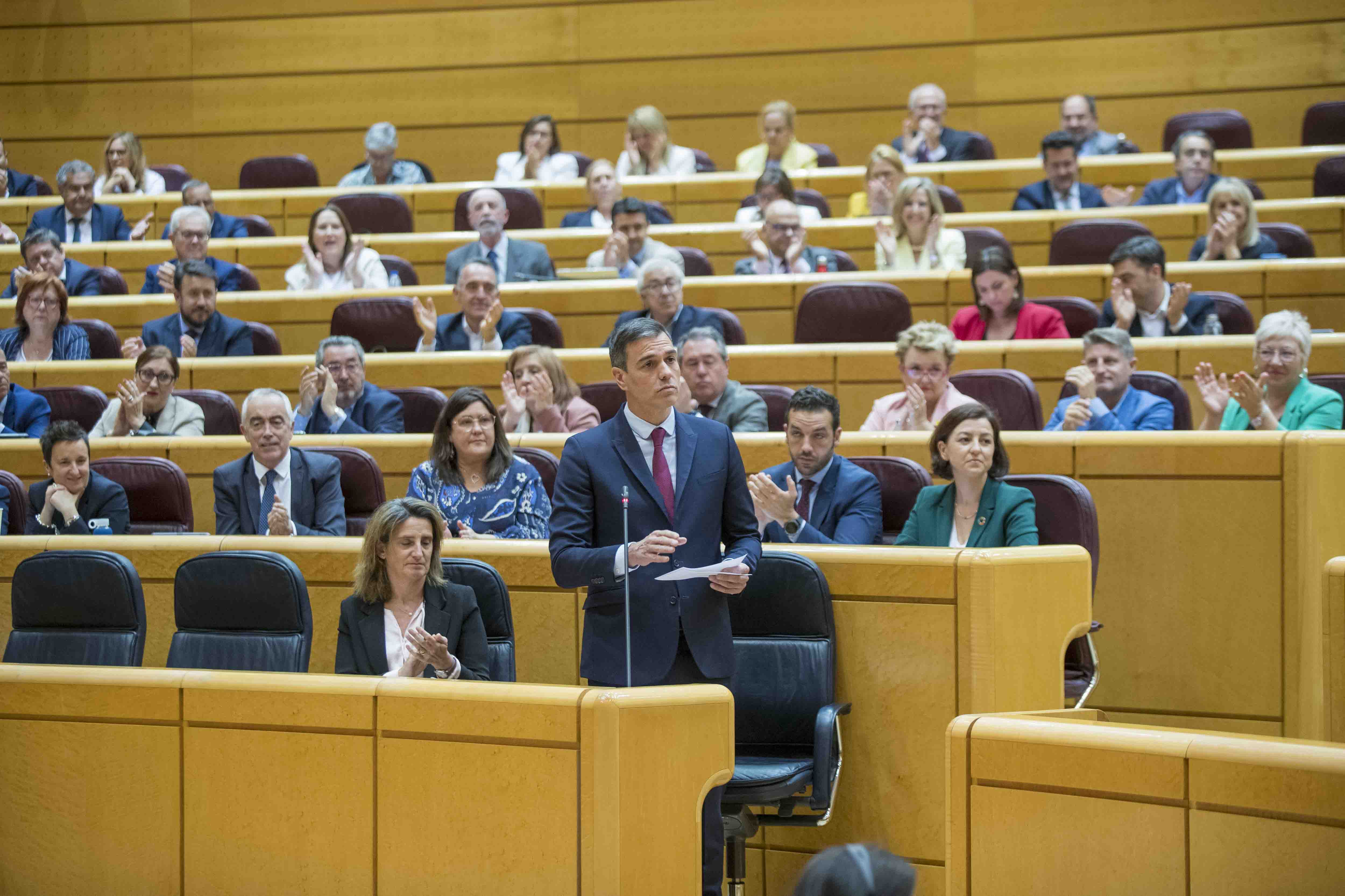 El presidente del Gobierno, Pedro Sánchez, durante su intervención en el Senado este martes. 