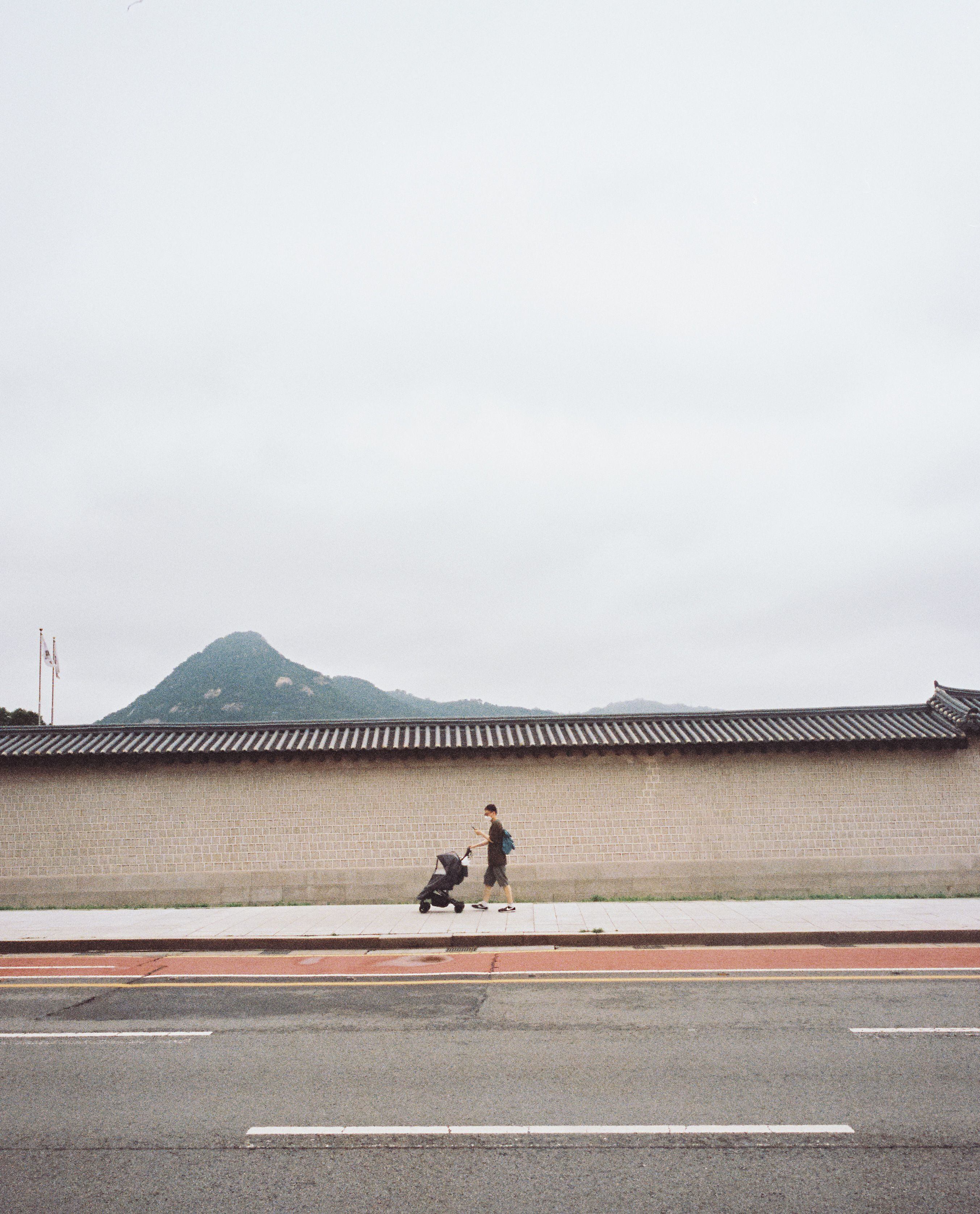 Un hombre empuja un carrito de niño a lo largo de la tapia del palacio Gyeongbokgung, el más grande de Seúl. 
