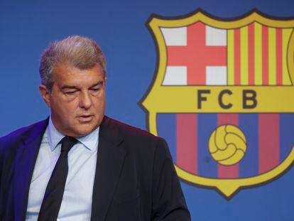 El presidente del Barcelona, Joan Laporta, en una comparecencia en el Camp Nou el pasado abril.