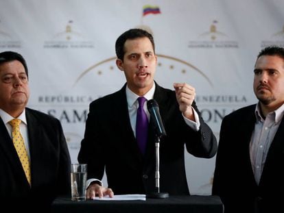 El presidente de la Asamblea Nacional, Juan Guaidó, en la rueda de prensa de este jueves.