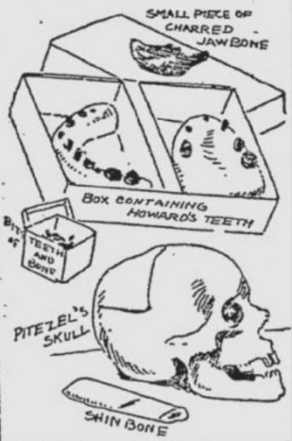 Dibujos publicados en el diario 'New York Journal', de Hearst, con los restos de Benjamin Pitezel y su hijo Howard.