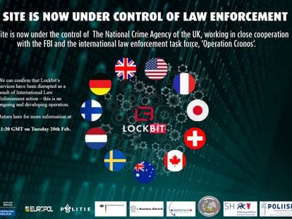Notificación policial de intervención en la página de acceso a LockBit tras la actuación internacional contra el grupo de secuestro y extorsión el pasado febrero.