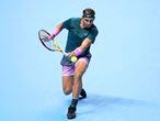 Rafael Nadal in action against Andrey Rublev on day one of the ATP Finals tennis championship at The O2 Arena, London, Sunday Nov. 15, 2020. (John Walton/PA via AP)