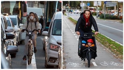 A la izquierda, un ciclista circula por la Gran Vía de Madrid el pasado viernes. Al lado, un padre lleva a sus dos hijos por un carril bici de Barcelona. VÍCTOR SAINZ / CRISTÓBAL CASTRO