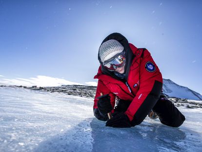 La glacióloga Veronica Tollenaar toma muestras en una zona de hielo azul en los Montes Ellsworth.