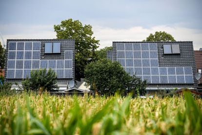 Solar panels on the roof of two houses in Rheinberg (Germany).