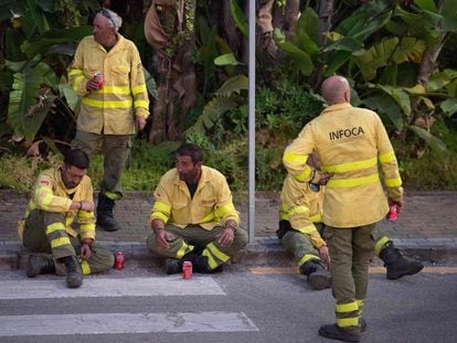 Miembros del Infoca hacen una pausa en las tareas de extinción del incendio de sierra Bermeja, en Málaga.