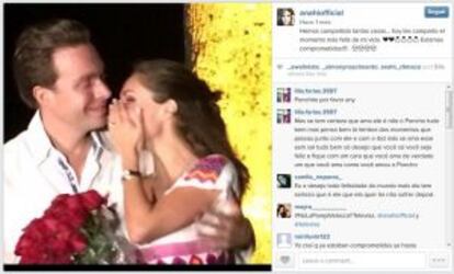 La actriz publicó una imagen en su perfil de Instagram y Twitter para hacer oficial su compromiso con Velasco.