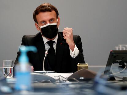 El presidente francés Emmanuel Macron, durante una reunión virtual.