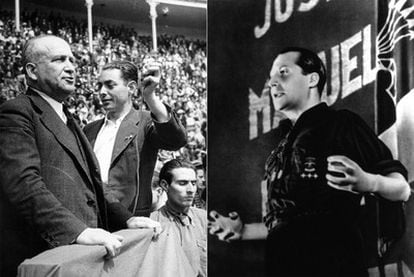 Francisco Largo Caballero (izquierda), en un mitin en Las Ventas (Madrid), en abril de 1936, y José Antonio Primo de Rivera, durante un mitin en el madrileño cine Europa en mayo de 1935.