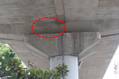 Fisura encontrada durante la inspección del Colegio de Ingenieros Civiles de México (CICM) del tramo elevado de la Línea 12.
