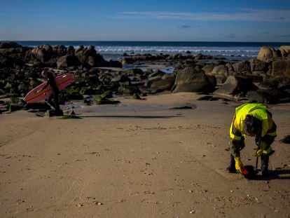 Operarios de Tragsa, contratados por la Xunta de Galicia, limpian el arenal de A Lanzada, en Sanxenxo, el jueves.