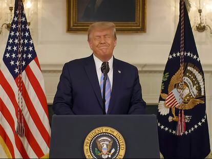 This exhibit from video released by the House Select Committee, shows President Donald Trump recording a video statement at the White House on Jan. 7, 2021, that was played at a hearing by the House select committee investigating the Jan. 6 attack on the U.S. Capitol, Thursday, July 21, 2022, on Capitol Hill in Washington. (House Select Committee via AP)