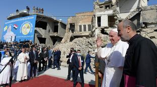 Pope Francis attends a prayer for war victims at 'Hosh al-Bieaa', Church Square, in Mosul's Old City, Iraq, March 7, 2021. Vatican Media/Handout via REUTERS ATTENTION EDITORS - THIS IMAGE WAS PROVIDED BY A THIRD PARTY.