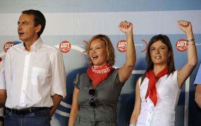 Zapatero, en la fiesta de Rodiezmo de 2009, la última a la que asistió, junto a Leire Pajín y Bibiana Aido