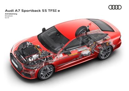 Detalle del motor de gasolina turboalimentado y el eléctrico.