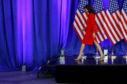 Nikki Haley, el miércoles, tras anunciar su retirada en Charleston (Carolina del Sur). 