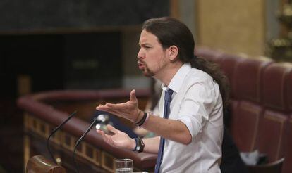 Pablo Iglesias, durante el debate de la moción de censura