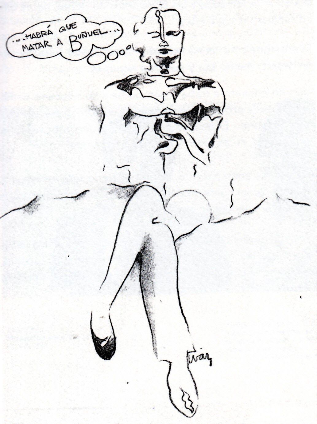 Dibujo de Iván Zulueta en solidaridad con Borau tras la decepción que sufre cuando 'El discreto encanto de la burguesía' le arrebata el Oscar a 'Mi querida señorita'.