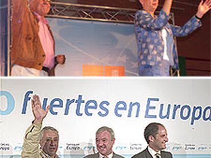 Arriba, Felipe González y Magdalena Álvarez, ayer en el cierre de campaña en Málaga. Debajo, Arenas, Ramón Luis Valcárcel y Francisco Camps, en Almería.