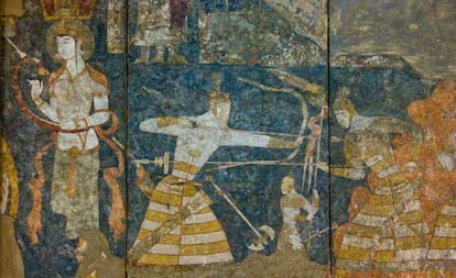 Fresco de la antigua ciudad de Penjikent, en Tayikistán, expuesto en el museo nacional de las Antigüedades, en Dusambé, la capital.