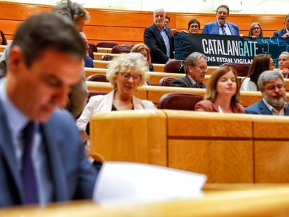 Senadores de Junts per Catalunya desplegaban ayer una pancarta contra el espionaje al independentismo ante Pedro Sánchez.