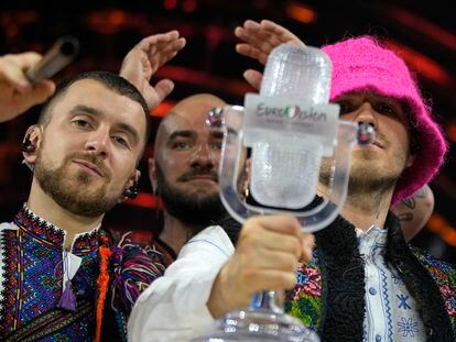 Members of the Kalush Orchestra from Ukraine celebrate after winning the Grand Final of the Eurovision Song Contest at Palaolimpico arena, in Turin, Italy, Saturday, May 14, 2022. (AP Photo/Luca Bruno)