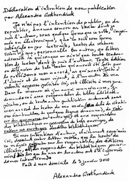 La carta en la que Alexander Grothendieck expresa el deseo de que sus obras no sean públicas, a 3 de enero de 2010.