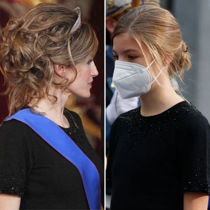 La reina Letizia, en Madrid en marzo de 2011, y la infanta Sofía, en Oviedo en diciembre de 2021, con la misma camiseta.