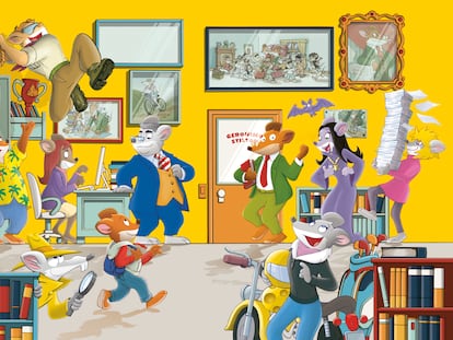 Los personajes que salen en los libros de Geronimo Stilton. El protagonista aparece en la puerta.