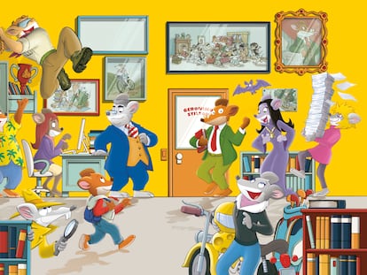 Los personajes que salen en los libros de Geronimo Stilton. El protagonista aparece en la puerta.