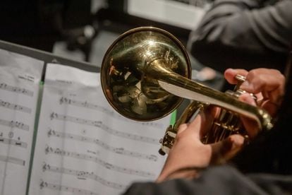 Detail of a trumpet and sheet music during a La Pintana Big Band rehearsal, in Santiago.