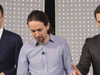 El l&iacute;der del PSOE, y presidente del Gobierno, Pedro S&aacute;nchez (izquierda); el de Podemos, Pablo Iglesias (centro), y el de Cs, Albert Rivera (izquierda).