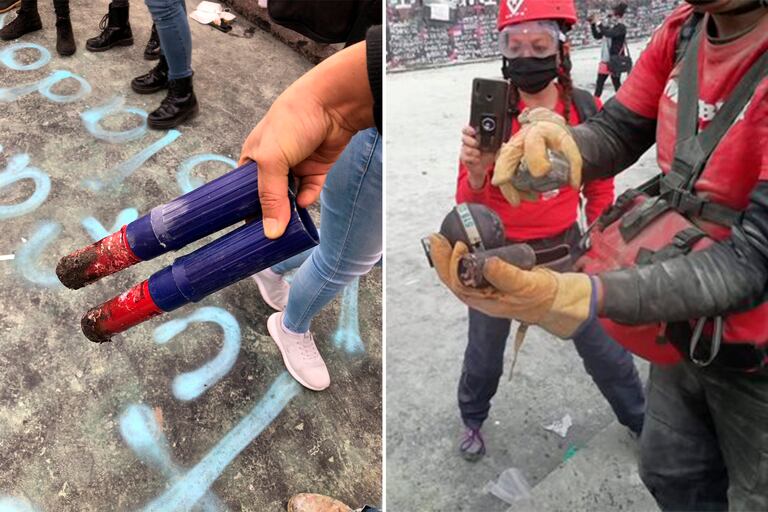 A la izquierda, dos bengalas, y a la derecha, una granada de gas lacrimógeno y un dispositivo de estruendo, todos recogidos en las protestas en Ciudad de México el 8 de marzo.
