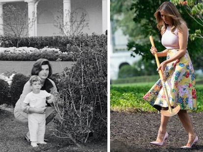 A la izquierda, Jackie Kennedy con John Fitzgerald Kennedy Jr. en el Rose Garden de la Casa Blanca durante la recepción al entonces primer ministro de Algeria, Ahmed Ben Bella, en octubre de 1962. A la derecha, Melania Trump, en agosto de 2018, plantando un retoño del roble Eisenhower, que había sido retirado de los terrenos del palacio presidencial el año anterior. |