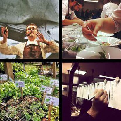 El chef Andoni Aduriz durante una ponencia y otras imágenes de la cuenta de Instagram de Mugaritz.