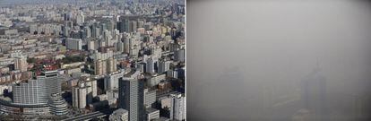 A la izquierda, vista aérea de un barrio de Pekín tomada el 19 de diciembre de 2014 y, a la derecha, el mismo barrio completamente cubierto por la nube de contaminación el 15 de enero de 2015.